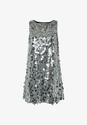 Hõbedane seqviindress ilma varrukateta, millel on ümarad seqviinid paigutatud vertikaalselt ja ümar kaelus. Tekstuuritud ja reflekteeriv pind.