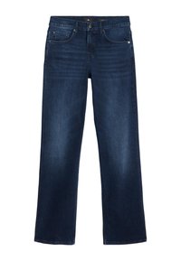 Ciemnoniebieskie jeansy z dżinsu o prostych nogawkach. Posiadają pięć kieszeni i kontrastujące przeszycia. Gładka tekstura, minimalne przetarcia.
