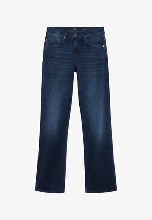 Mørkeblå denimjeans med lige ben. Har fem lommer og kontrastsyninger. Glat tekstur, minimal slidtage.