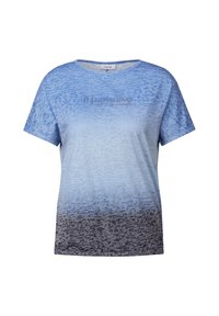 T-shirt bleu dégradé à manches courtes, avec un motif texturé et le texte "il paradisi" en bleu légèrement plus foncé.