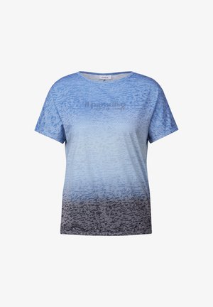 Blaue Farbverlauf-T-Shirt mit kurzen Ärmeln, das ein strukturiertes Muster und den Text "il paradisi" in leicht dunklerem Blau zeigt.