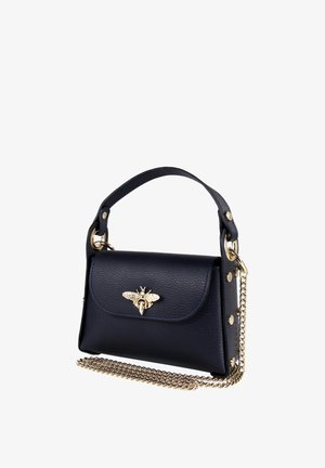 Black leather handbag with gold bee emblem on front, gold chain strap, and short leather handle with gold rivets.