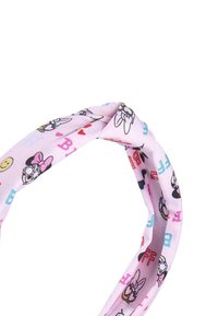 Fascia per capelli rosa in tessuto con personaggi dei cartoni animati e testo, caratterizzata da vari design giocosi, tra cui cuori e faccine sorridenti.