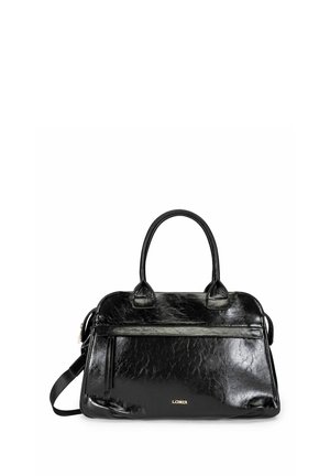 Schwarze Lederhandtasche mit zwei Griffen und abnehmbarem Schulterriemen, mit einer vorderen Reißverschlusstasche und goldfarbenem Logodetail.