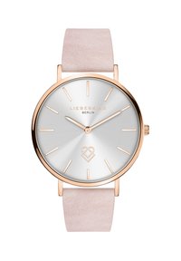 Montre ronde avec un cadran argenté dégradé, des accents en or rose et un bracelet en daim rose doux. Design minimaliste avec des index horaires simples.