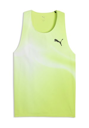 Débardeur de sport sans manches jaune néon avec logo Puma noir sur la poitrine gauche, conçu pour un usage athlétique.