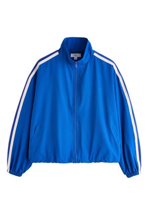 Blaues Jacke mit Reißverschluss, weißen und pinken Streifen an den Ärmeln, elastischen Bündchen und Saum sowie Seitentaschen.