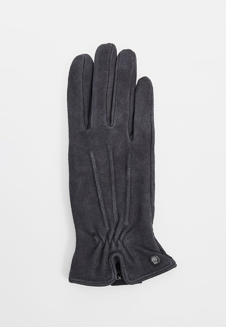 Schwarze Wildlederhandschuhe mit drei Nähten auf der Rückseite, gerafftem Handgelenk und Logo-Akzent in der Nähe der Öffnung. Glatte Textur, Design mit fünf Fingern.