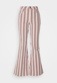 Pantalon évasé avec des rayures verticales en blanc, orange et bleu marine, doté de poches avant, de passants pour ceinture et d'une fermeture à bouton à la taille.