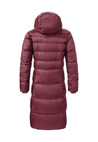 Burgunderfarbener langer Puffercoat mit Kapuze, ausgestattet mit einem gesteppten Design und elastischen Bündchen für Wärme. Glatte, leichte Textur.
