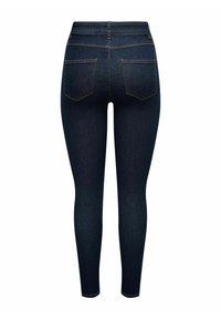 Slimme denim jeans, donkerblauwe kleur, katoenmengsel stof, gesloten tailleband, twee achterzakken, minimale stikdetails, gladde textuur.
