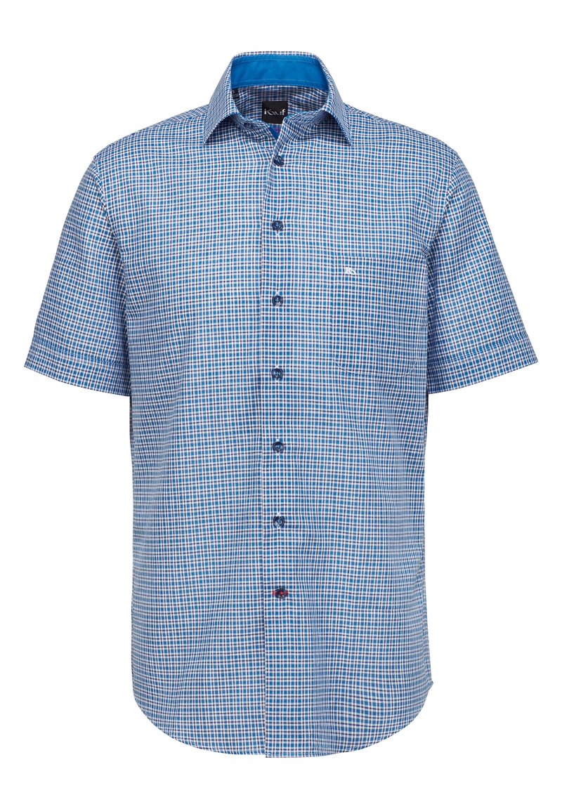 Camicia a maniche corte a quadri blu con chiusura a bottoni, colletto interno a contrasto e una tasca sul petto con dettaglio del logo.