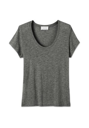 Dark gray short-sleeve T-shirt with a scoop neckline, laid flat on a white background.