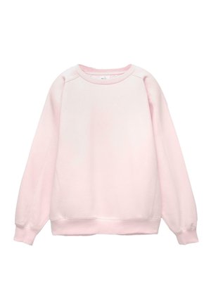 Rosa Sweatshirt aus weichem Stoff, mit langen Ärmeln, Rundhalsausschnitt und gerippten Bündchen und Saum. Keine Muster oder Verzierungen.