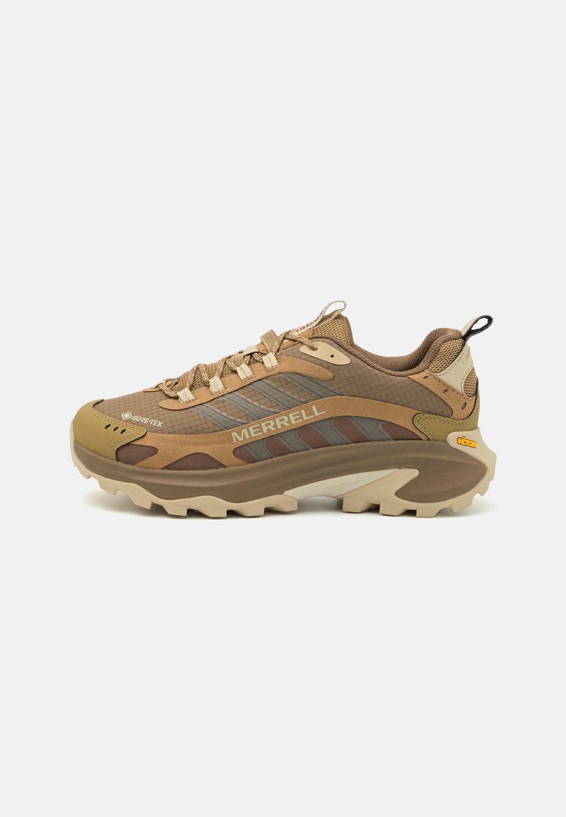 Light brown hiking shoe with mesh and suede materials, round toe, reinforced heel, lace-up closure, and Vibram outsole for traction.