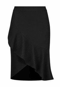 Zwarte rok met diagonale ruches, voorzien van een streeppatroon en asymmetrische zoom. Gemaakt van een gestructureerde stof.