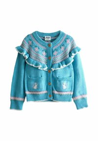 Blauer gestrickter Cardigan für Kleinkinder mit rosa und weißen Blumenmustern, gerafftem Schultern, Holzknöpfen und vorderen Taschen mit kleinen Tiermotiven.