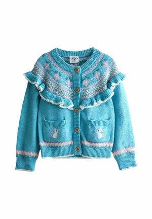 Blue knitted toddler cardigan with pink and white floral patterns, ruffled yoke, wooden buttons, and front pockets featuring small animal designs.