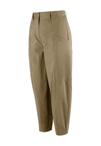 Pantaloni beige leggeri con una vestibilità comoda, dotati di tasche laterali e una texture liscia. Progettati con vita alta e gambe dritte.
