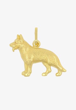 Ciondolo color oro a forma di cane in piedi, con texture dettagliata del pelo e un anello per l'attacco.