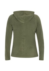 Felpa con cappuccio di colore verde oliva in pile, realizzata in tessuto testurizzato, con maniche lunghe e cappuccio. Presenta un design semplice e lineare, senza elementi hardware visibili.