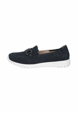 Navy blue suede slip-on shoes with a textured surface, featuring a decorative loop and a white rubber sole. Side view.