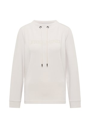 Biały długi rękaw pulower z wysokim kołnierzem, sznurkiem do regulacji, elastycznymi mankietami oraz napisem "FREEMIND" w jasnym beżu na przodzie.