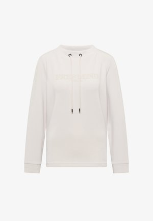 Suéter blanco de manga larga con un cuello alto, cierre con cordón, puños elásticos y la palabra "FREEMIND" impresa en beige claro en la parte delantera.