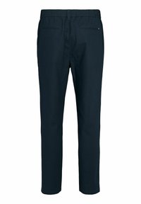 Kalhoty s elastickým pasem v námořnické modři, se dvěma zadními kapsami, zužující se nohavice a hladkou texturou. Jednoduché, jednobarevné bez vzorů či ozdob.