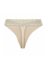 Tanga nude con bordes de encaje y una tela suave y lisa. Presenta un delicado encaje en la cinturilla y un diseño de cobertura mínima.