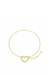Bracciale color oro con un pendente a forma di cuore, con una delicata catena e chiusura regolabile, che mette in risalto una texture liscia e un design semplice.