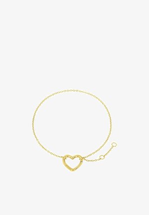 Pulsera en tono dorado que presenta un colgante en forma de corazón, con una delicada cadena y cierre ajustable, destacando una textura suave y un diseño sencillo.