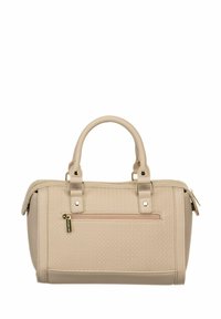 Sac à main beige avec finition texturée, poignées supérieures, garnitures argentées et une poche frontale zippée. Forme rectangulaire, design compact.