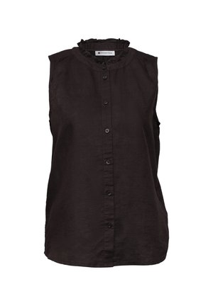 Ärmellose schwarze Bluse mit Rüschkragen und vorderer Knopfleiste aus leichtem Stoff von Street One.