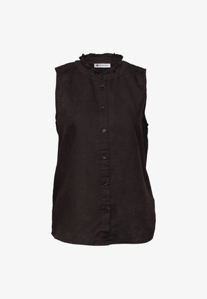 Blouse noire sans manches avec col volanté et fermeture à boutons devant, en tissu léger par Street One.