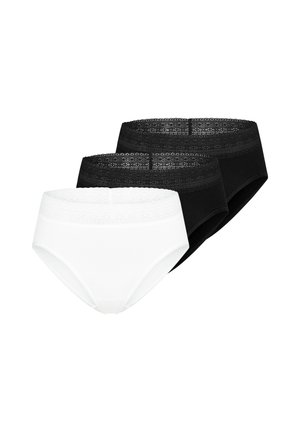 Drei Damenunterhosen-Slips, ein weißer und zwei schwarze, jeweils mit einem breiten Spitzenbund, überlappend auf weißem Hintergrund angeordnet.