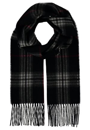 Écharpe à carreaux noire et grise avec des accents rouges, bords à franges, texture douce, forme rectangulaire, adaptée pour le temps froid.