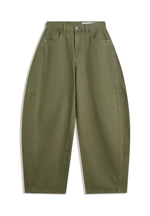 Olive green wide-leg pants made of cotton, featuring a high waist, front pockets, and a smooth texture. No embellishments or patterns.