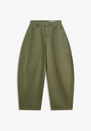 Oliivivihreät leveälahkeiset housut, jotka on valmistettu puuvillasta. Housuissa on korkea vyötärö, etutaskut ja sileä rakenne. Ei koristeita tai kuvioita.