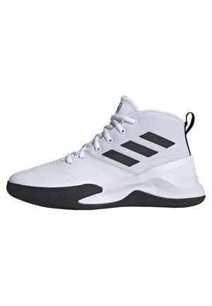 Biały sportowy but typu mid-top z czarną podeszwą, czarnymi paskami po bokach i białymi sznurówkami, widziany od zewnętrznej strony.
