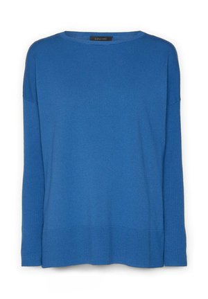 Maglione blu realizzato in morbido tessuto, con bordo e polsini a costine, dal taglio rilassato e colletto rotondo. Texture liscia su tutta la superficie.