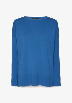 Suéter azul fabricado con un tejido suave, con un bajo y puños acanalados, de corte holgado y cuello redondo. Textura suave en toda la prenda.