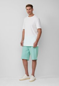Witte katoenen t-shirt en licht mintgroene shorts, gecombineerd met witte sneakers. De shorts hebben een relaxte pasvorm en zijn op kniebenslengte.