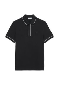 Cămașă polo neagră din bumbac, cu o bandă albă pe guler și mâneci. Prezintă un logo subtil pe piept. Mâneci scurte.