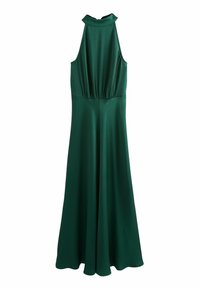 Groene halterjurk met een getailleerde top, zacht geplooide taille en vloeiende rok. Gemaakt van een gestructureerde stof met een gladde afwerking.