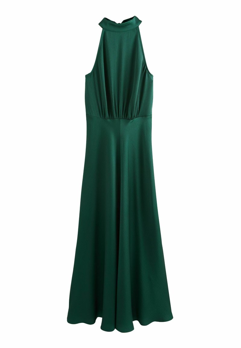 Groene halterjurk met een getailleerde top, zacht geplooide taille en vloeiende rok. Gemaakt van een gestructureerde stof met een gladde afwerking.