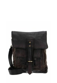 Leather shoulder bag with a dark brown finish, rectangular shape, fold-over flap, two metal buttons, and a sturdy black strap.