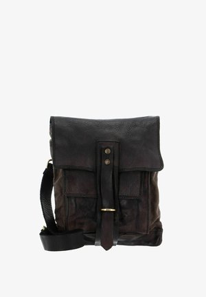 Leather shoulder bag with a dark brown finish, rectangular shape, fold-over flap, two metal buttons, and a sturdy black strap.