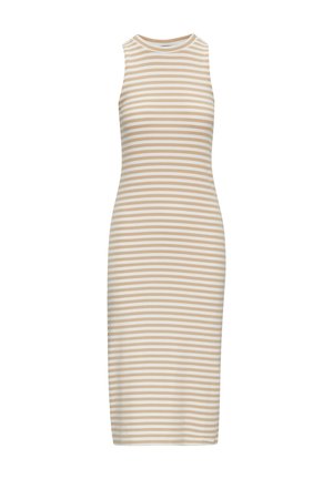 Robe ajustée rayée avec un col rond ; présente des rayures horizontales beige et blanches alternées ; fabriquée à partir d'un tissu lisse et extensible.