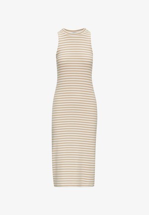 Abito fitted a righe con scollo tondo; presenta righe orizzontali alternate beige e bianche; realizzato in un tessuto liscio ed elastico.